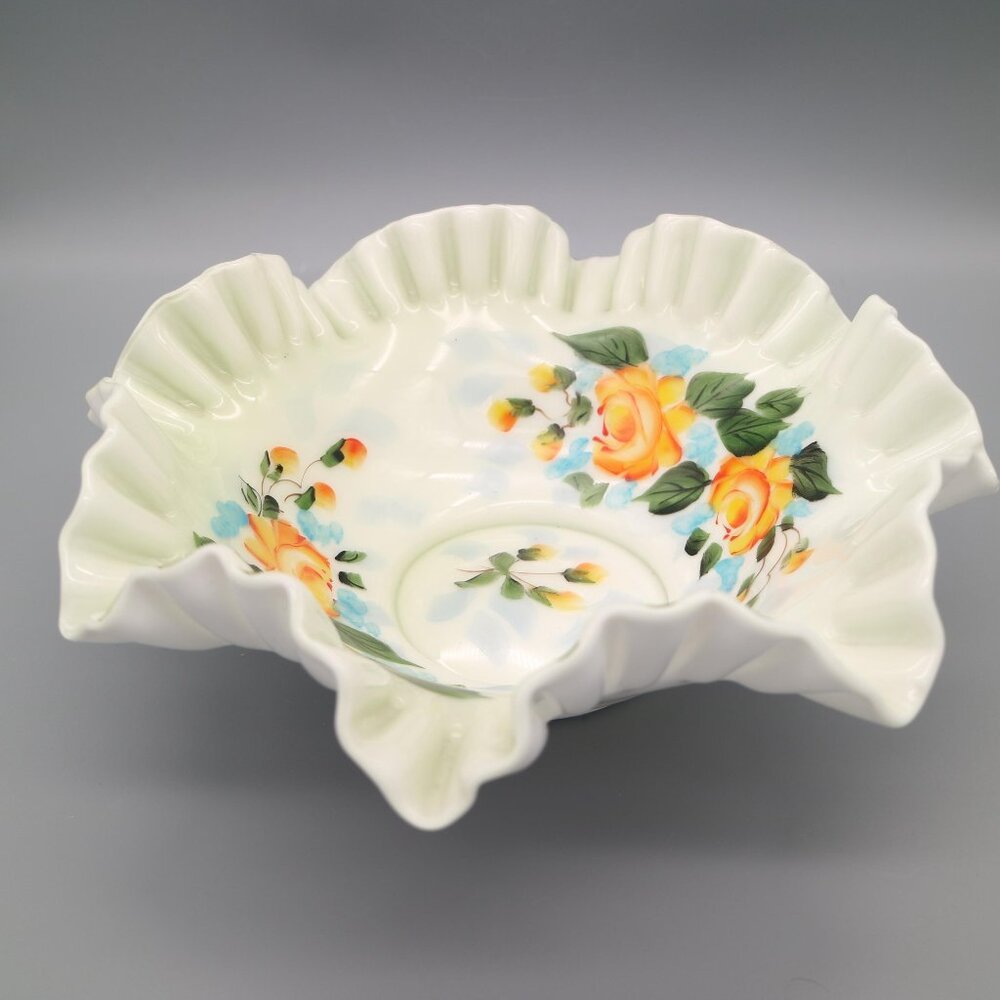 Vintage Ruffled Edge Bridal Bowl with Yellow Rose Floral Pattern Milk Glass Dish